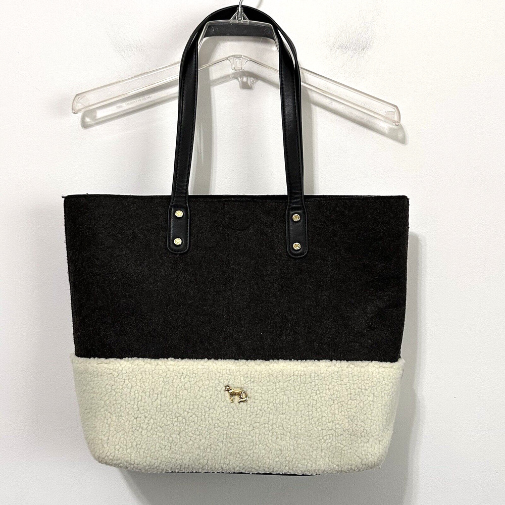 Emma Fox Caspian Shoulder Bag Tote Large Felt Sherpa Gray Cream Purse Trendy